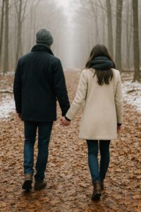 降り積もった枯葉の上を手をつないで歩く男女の後ろ姿。冬の静かな森の中、男性の右手と女性の左手がつながれている様子。