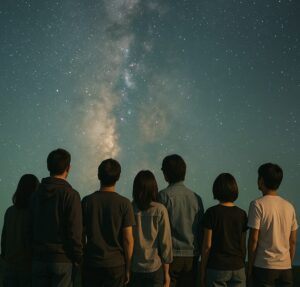 満点の星空を見上げる7人の若者の後ろ姿。ドラマ『天体観測』の象徴的なシーンを再現。