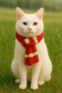マフラーを巻いた白猫の画像