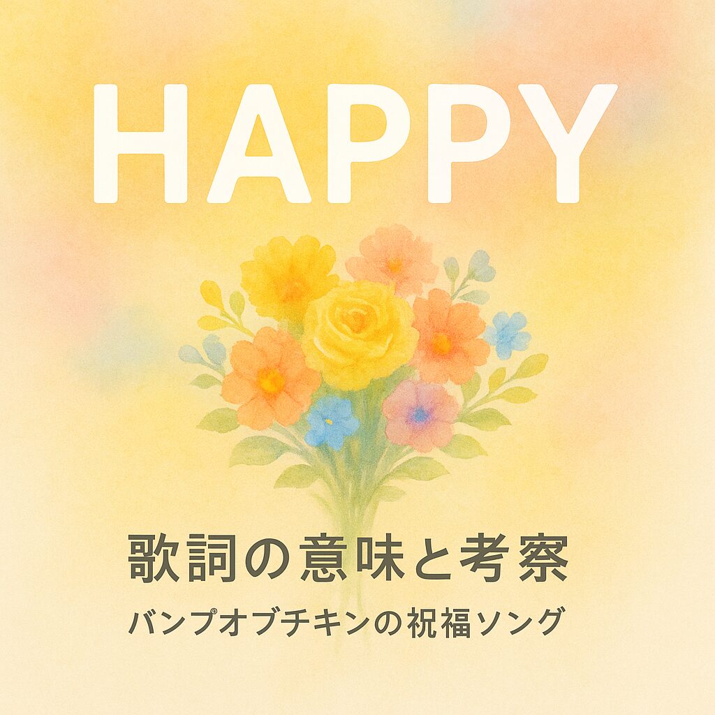 バンプオブチキン『HAPPY』の文字と花束が描かれた、パステル調の水彩イラスト画像。歌詞の意味と考察を示すテキスト付き。