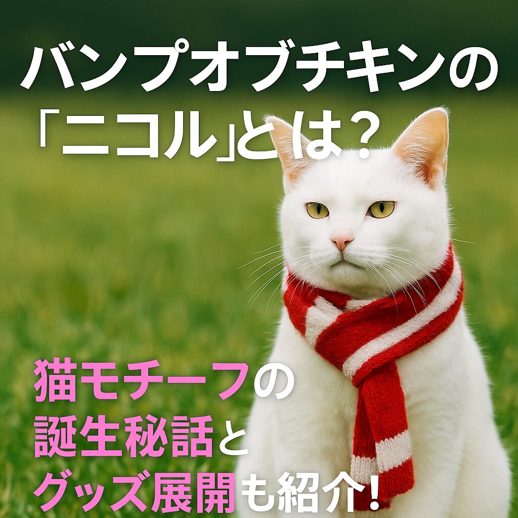 赤と白のマフラーを巻いた白猫が草原に座っている、バンプオブチキンのキャラクター“ニコル”をイメージした実写風アイキャッチ画像