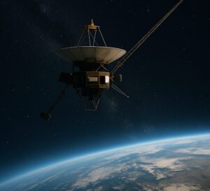 宇宙空間に浮かぶボイジャーと、その下に見える青い地球