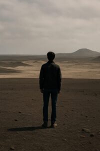 広大な砂漠に一人で立つ青年の後ろ姿。遠くの地平線に向かって静かに立ち尽くしている様子。