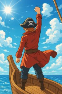 海賊船の船首に立ち、右手を高く掲げるアニメ風の船長の後ろ姿イラスト