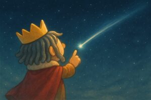 王冠と赤いマントを身につけた王様キャラクターが、星空の中に流れる流れ星を指差して見上げている