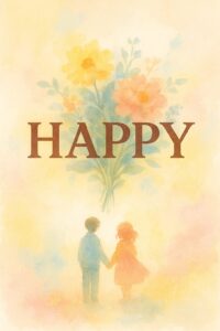 「HAPPY」の文字と花束を背景に、手をつなぐ少年少女が描かれた水彩風イラスト