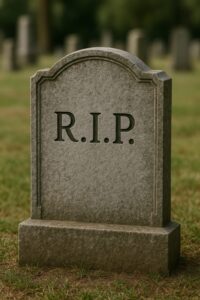 R.I.P.の文字が彫られた洋風墓石の写真。静かな緑の中に立つグレーの墓
