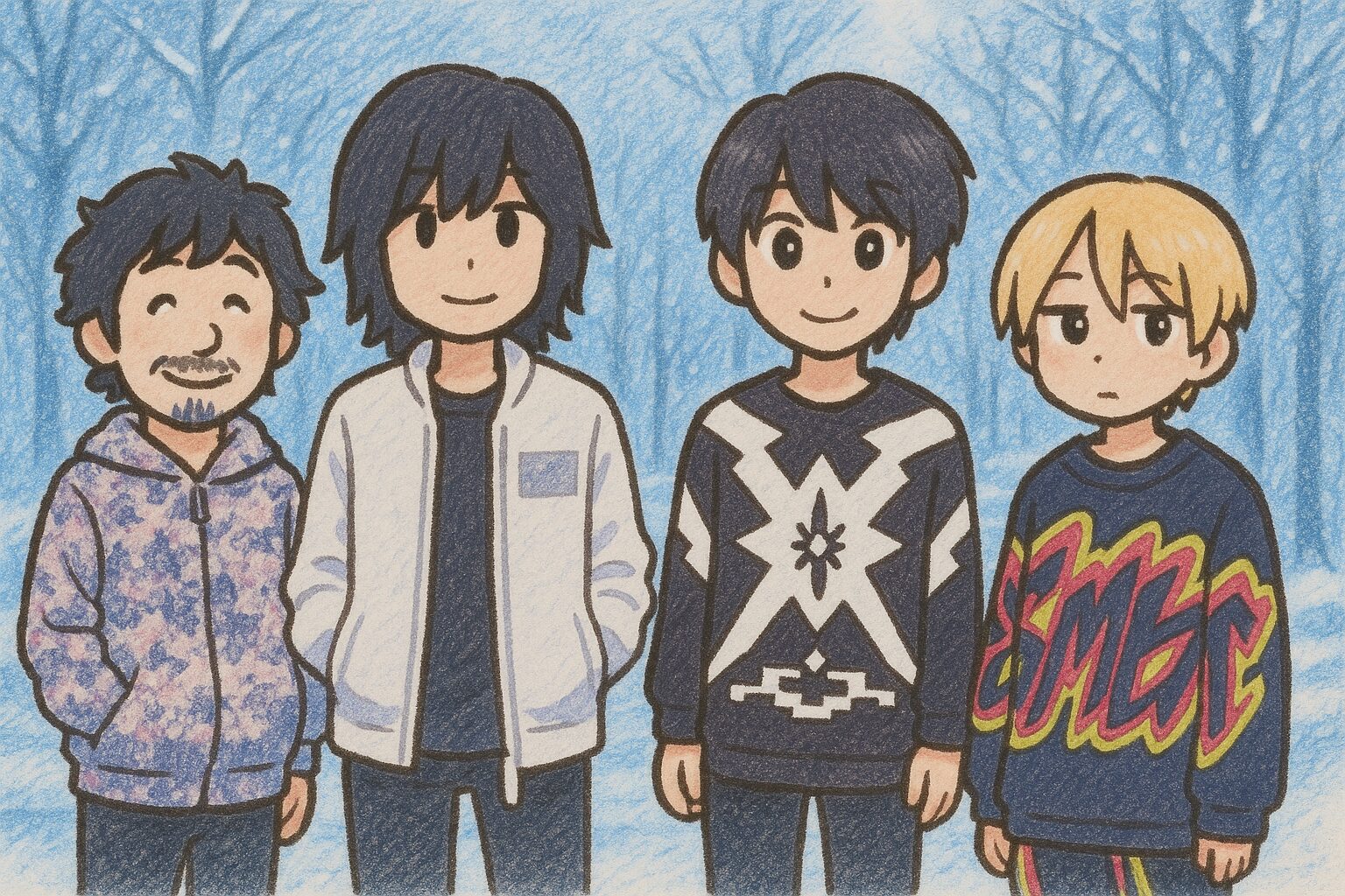バンプオブチキンのメンバー4人が並んだデフォルメ風イラスト。背景は雪景色の冬の森。