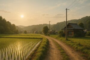 夕暮れの田園風景。水田と小道、木造の家々が並ぶ郷愁を誘う風景写真。